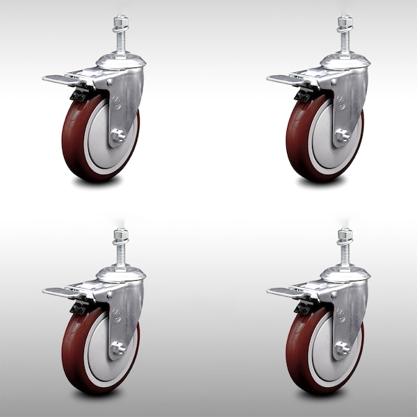 Service Caster 5 Inch SS Maroon Polyurethane 10mm Threaded Stem Caster Set Total Lock Brake SCC-SSTSTTL20S514-PPUB-MRN-M1015-4 - main